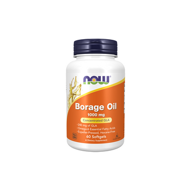 A white bottle of Now Foods Borage Oil 1000 mg with an orange label contains 60 softgels, delivering omega-6 fatty acids to support skin health.